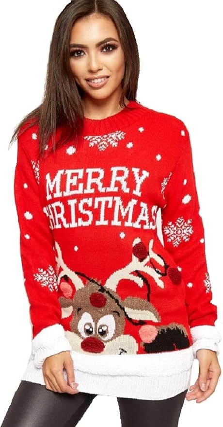 Ellures New Women's Full Sleeve Festive Novelty Merry Christmas Knitted Sweater - Ladies Xmas Tree Vintage Jumper with POM POM Fancy Tops