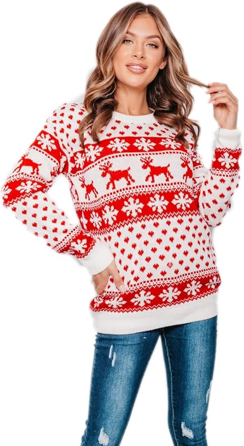 Ellures New Unisex Ladies, Men, and Kids Knitted Christmas Jumper - Reindeer & Snowflake Long Festive Sweater