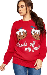 Load image into Gallery viewer, Ellures Women&#39;s Celebrity Inspired Xmas Tartan Knitted Baggy Top - Hands Off My Pudding Funny 2 Cupcakes Christmas Jumper
