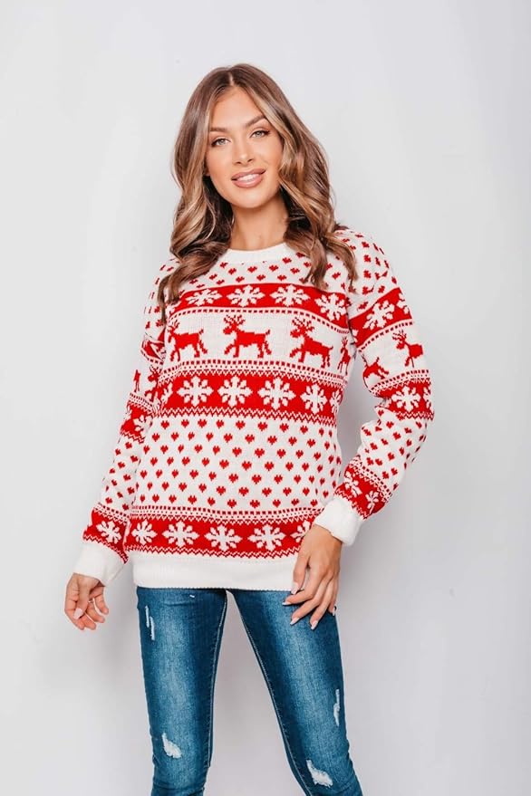 Ellures New Unisex Ladies, Men, and Kids Knitted Christmas Jumper - Reindeer & Snowflake Long Festive Sweater