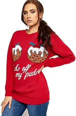 Load image into Gallery viewer, Ellures Women&#39;s Celebrity Inspired Xmas Tartan Knitted Baggy Top - Hands Off My Pudding Funny 2 Cupcakes Christmas Jumper
