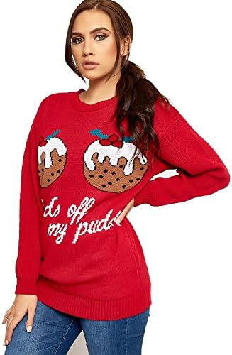 Ellures Women's Celebrity Inspired Xmas Tartan Knitted Baggy Top - Hands Off My Pudding Funny 2 Cupcakes Christmas Jumper