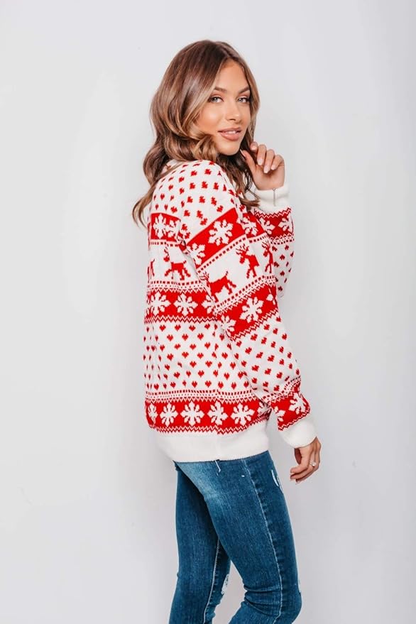 Ellures New Unisex Ladies, Men, and Kids Knitted Christmas Jumper - Reindeer & Snowflake Long Festive Sweater