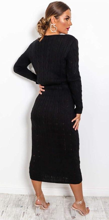 Ellures Women’s Cable Knitted Tie-Up Midi Dress with Side Pockets - Long Sleeve Jumper Dress, Elegant Party Knit Dress