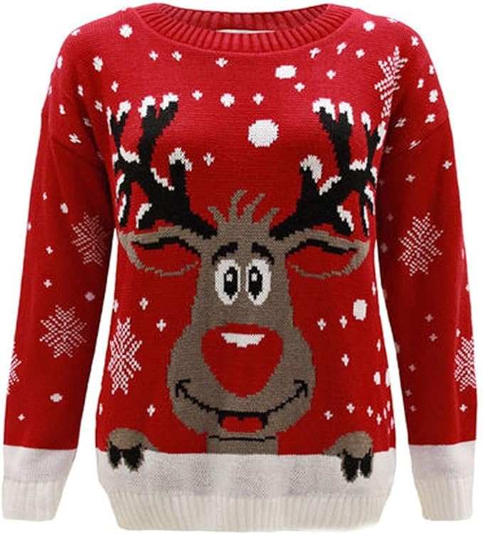 Ellures Kids Merry Xmas Knitted Jumpers - Girls Swinging Elf, Bambi & Baby Reindeer Christmas Jumper