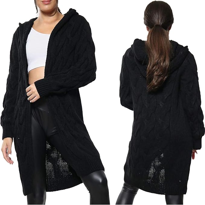 Ellures New Women’s Chunky Cable Knitted Oversized Longline Hooded Cape Cardigan