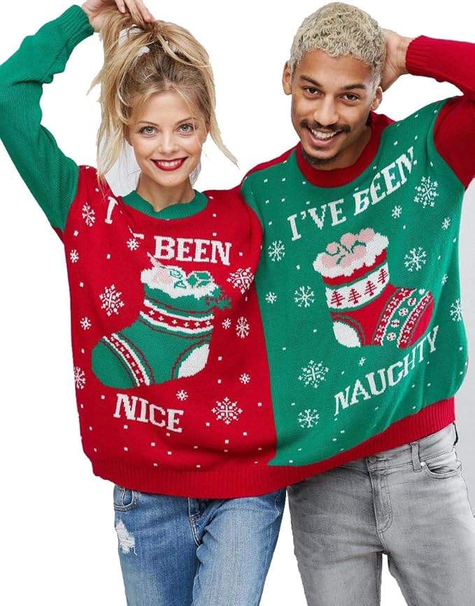 Ellures Ladies & Mens Mr. and Mrs. Elf Christmas Jumper - Naughty & Nice Matching Festive Sweater for Couples