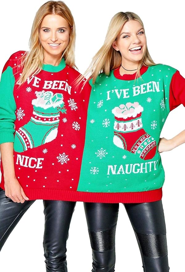 Ellures Ladies & Mens Mr. and Mrs. Elf Christmas Jumper - Naughty & Nice Matching Festive Sweater for Couples