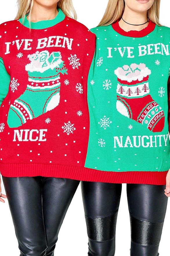 Ellures Ladies & Mens Mr. and Mrs. Elf Christmas Jumper - Naughty & Nice Matching Festive Sweater for Couples