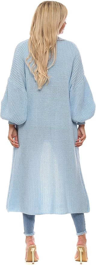 Ellures Women Knitted Open Front Slouchy Balloon Sleeve Long Cardigan - Ladies Puff Sleeve Boyfriend Sweater Coatigan